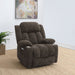 Dark brown upholstered CoasterEveryday power lift recliner chair with plush cushioning and armrests, designed for comfort and support.