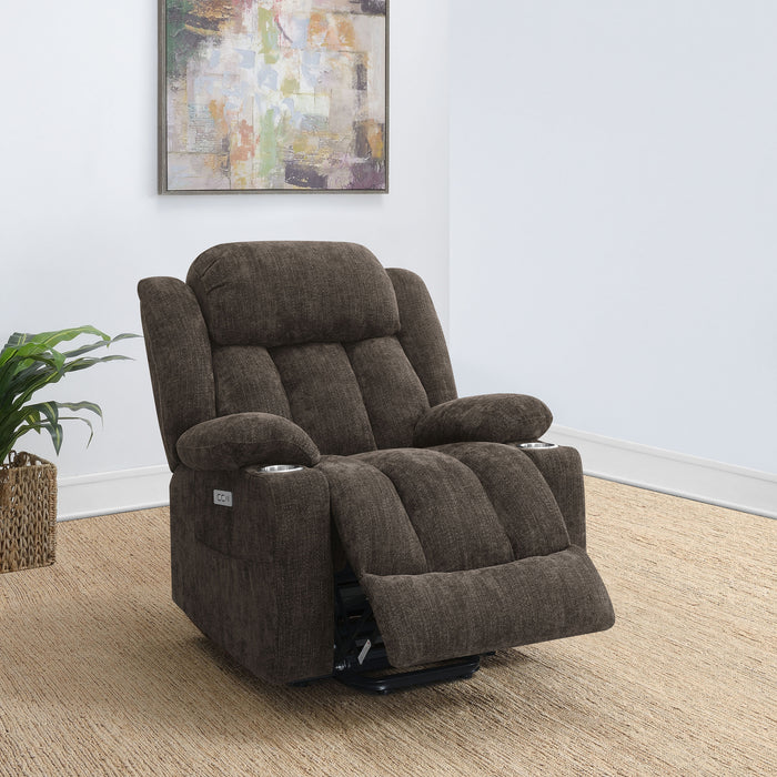Dark brown upholstered CoasterEveryday power lift recliner chair with padded armrests and plush cushioning for comfortable seating.