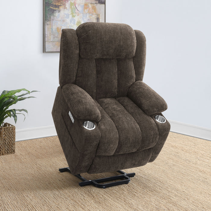 Dark brown Houston upholstered power lift recliner chair by CoasterEveryday, featuring plush cushioning and a remote control for easy adjustment.
