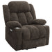 Dark brown Houston upholstered power lift recliner chair by CoasterEveryday, showcasing plush fabric and ergonomic design for comfort.