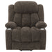 Dark brown Houston upholstered power lift recliner chair from CoasterEveryday, showing plush fabric and adjustable reclining features.