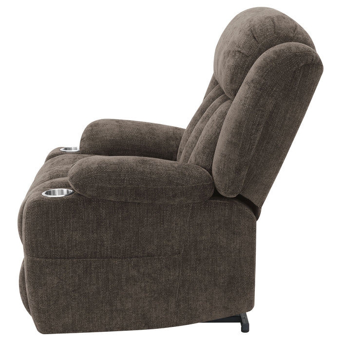 Dark brown Houston upholstered power lift recliner chair from CoasterEveryday, with plush cushioning and a built-in power lifting mechanism.