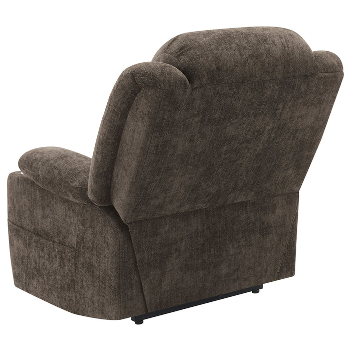 Dark brown Houston upholstered power lift recliner chair by CoasterEveryday, showing plush cushioning and adjustable recline features.