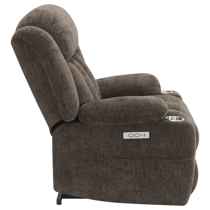 Dark brown upholstered CoasterEveryday Houston power lift recliner chair with padded armrests and plush cushioning.