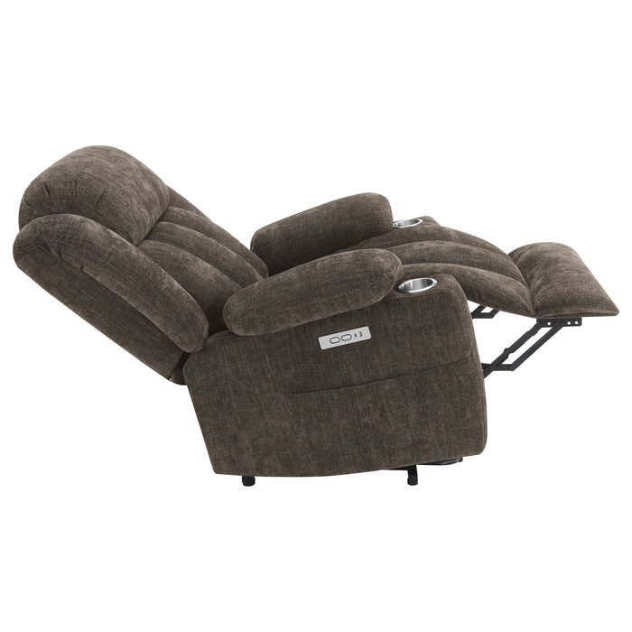 Dark brown Houston upholstered power lift recliner chair from CoasterEveryday with plush cushioning and sturdy frame.
