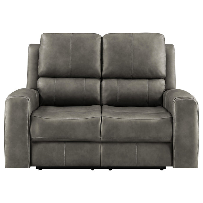 CoasterEveryday Brickston triple power reclining loveseat in charcoal fabric with padded arms and dual recliners