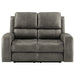 CoasterEveryday Brickston triple power reclining loveseat in charcoal fabric with padded arms and dual recliners