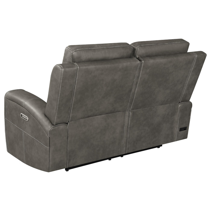 Charcoal CoasterEveryday Brickston triple power reclining loveseat with padded seats and dual recliners
