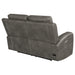 CoasterEveryday Brickston triple power reclining loveseat in charcoal upholstery with padded arms and cup holders