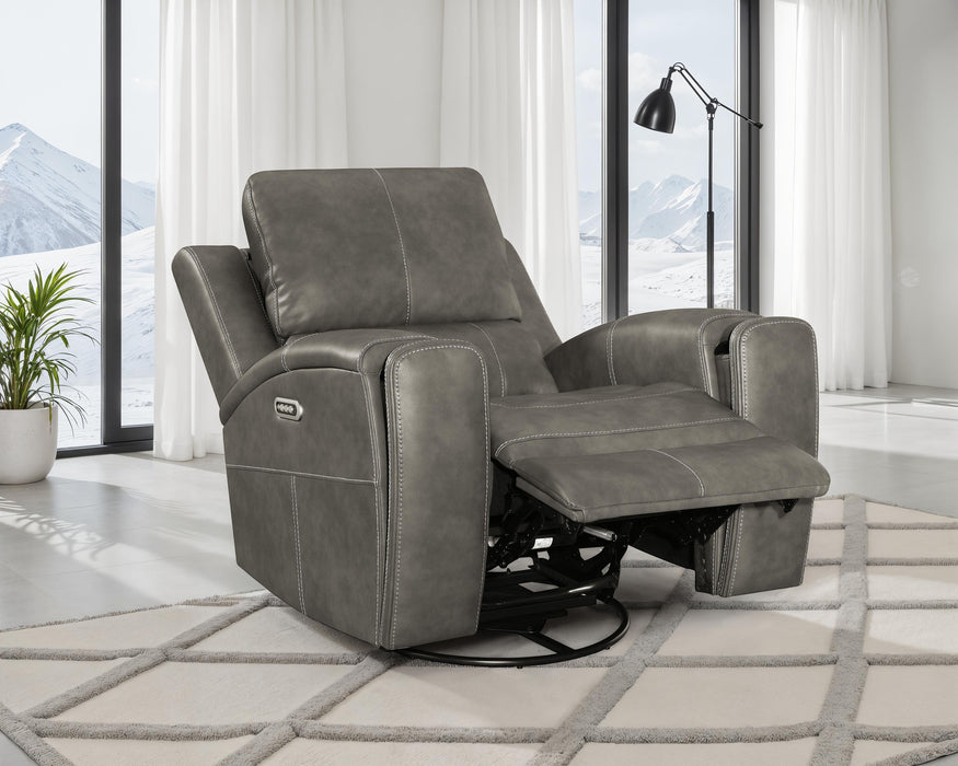 CoasterEveryday Brickston triple power swivel glider recliner in charcoal upholstery