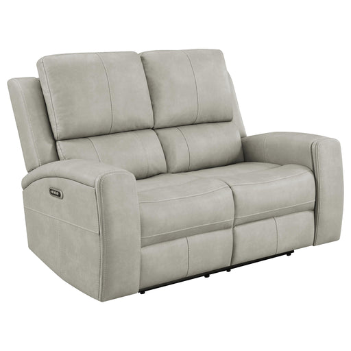 Brickston Triple Power Reclining Loveseat in mushroom by CoasterEveryday, featuring padded seats and reclining footrests