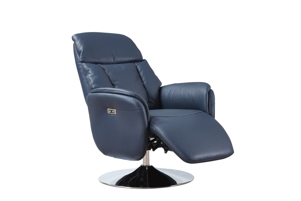 Tufted Genuine Leather Power Swivel Recliner (730574) - Navy Blue