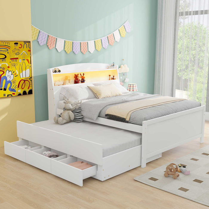 Giga full size platform bed with LED headboard, twin trundle, and three storage drawers in white, showcasing a modern bedroom setup.