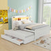 Giga full size platform bed with LED headboard, twin trundle, and three storage drawers in white, showcasing a modern bedroom setup.