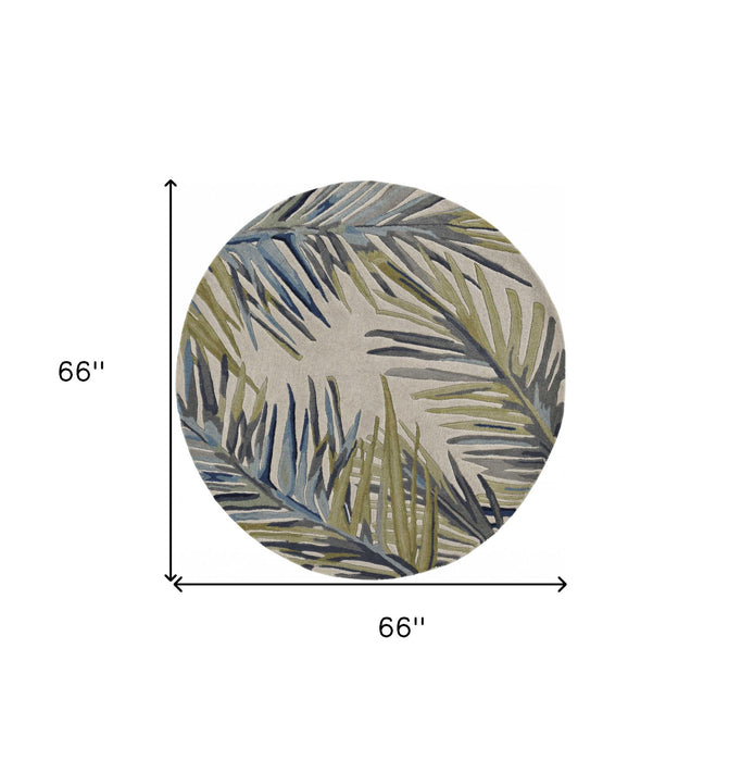 5' Wool Tropical Botanical Hand Tufted Round Rug - Ivory Green And Blue