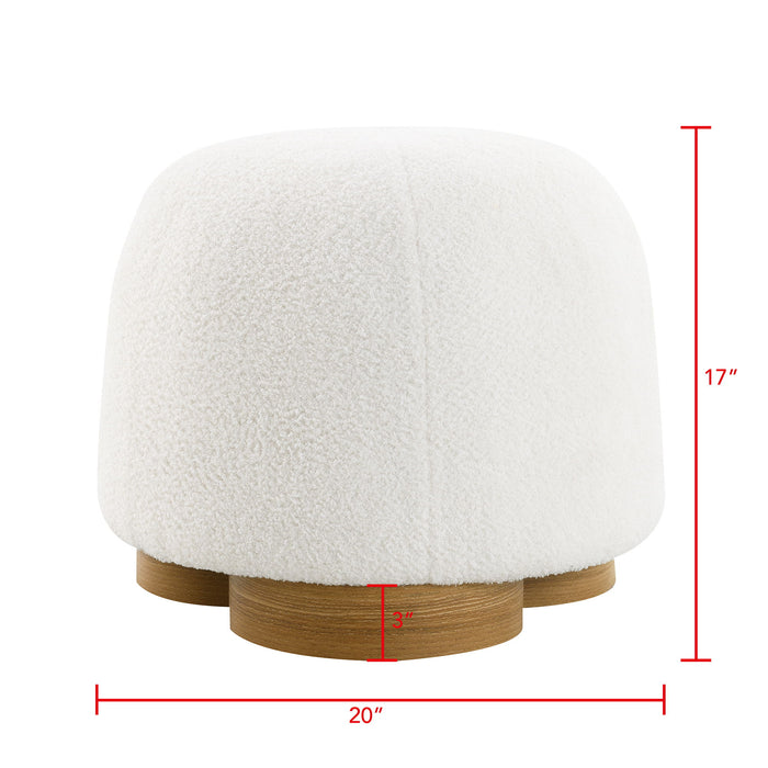 Giga round soft teddy fabric upholstered ottoman stool with metal accents, cozy and stylish home decor accessory.