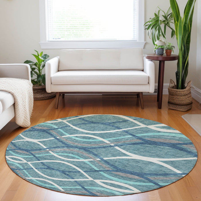 8' Transitional Transitional Abstract Washable Polyester Round Rug With UV Protection - Teal