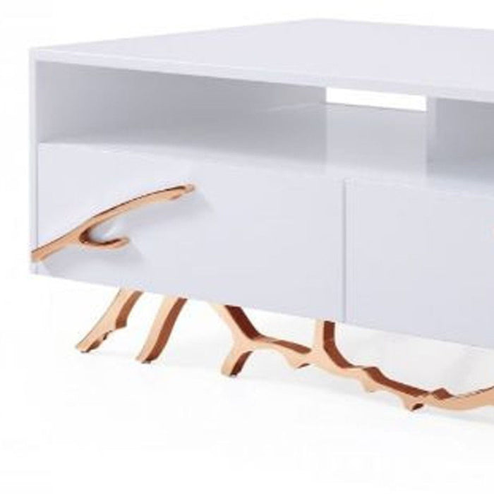 Rectangular Coffee Table With Two Drawers And Two Shelves - Rosegold And White