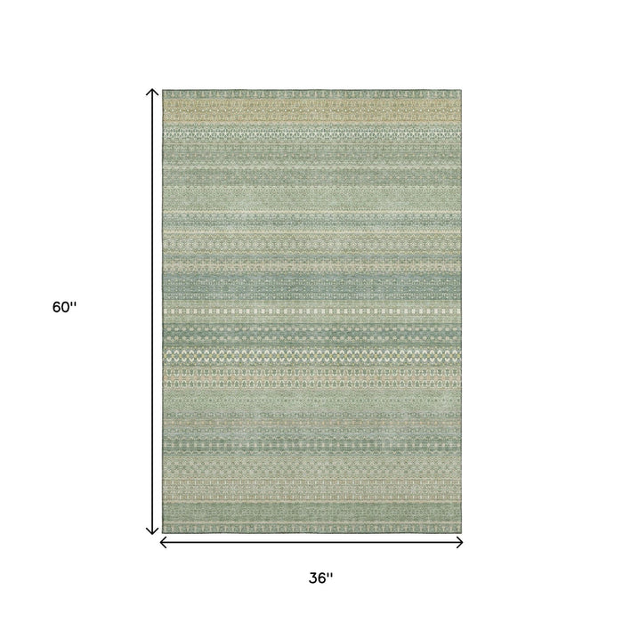 3' X 5' Striped Washable Area Rug With UV Protection (647483) - Fern Green / Ivory
