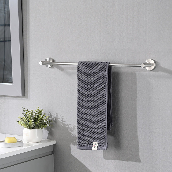 Giga stainless steel bathroom organization set with towel bar, toilet paper holder, ring, and hook in brushed nickel finish