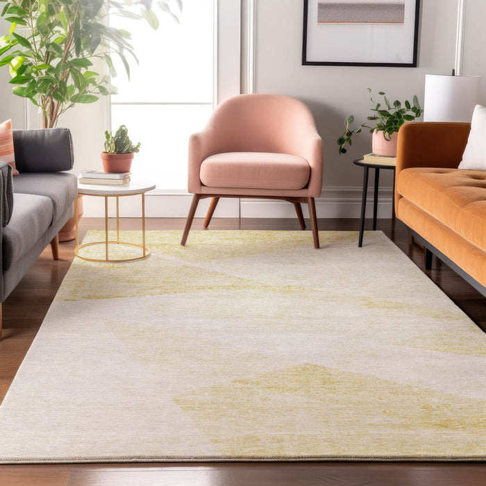 9' X 12' Geometric Washable Area Rug Polyester With UV Protection - Gold And Ivory