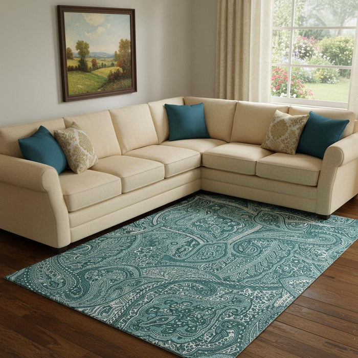 10' X 14' Paisley Washable Area Rug With UV Protection (652671) - Teal / Ivory