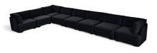 Meridian Furniture velvet upholstered 8-piece L-shaped sectional sofa with plush cushions and modern design.