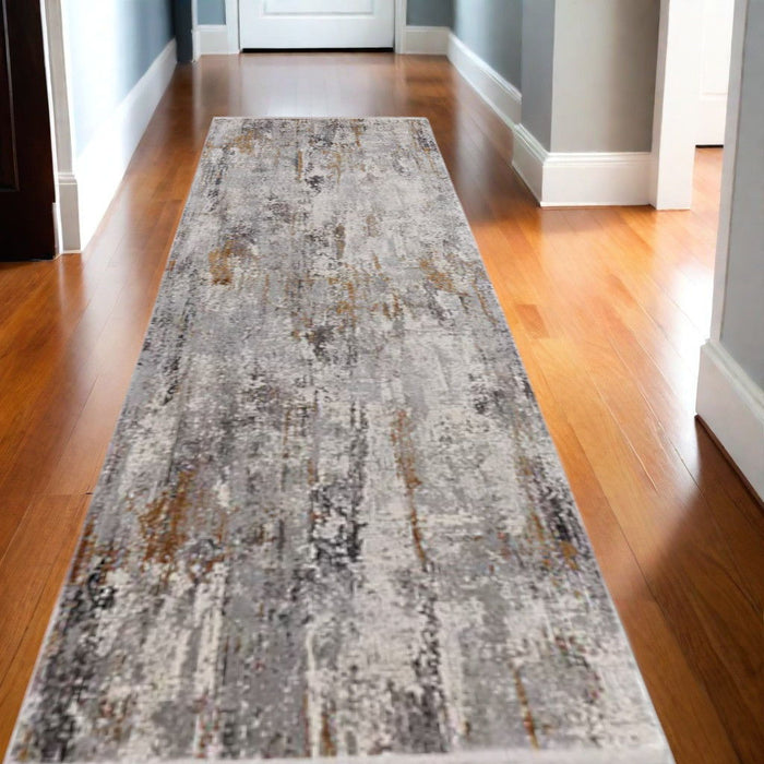 10' Casual Abstract Power Loom Runner Rug With Fringe - Gray