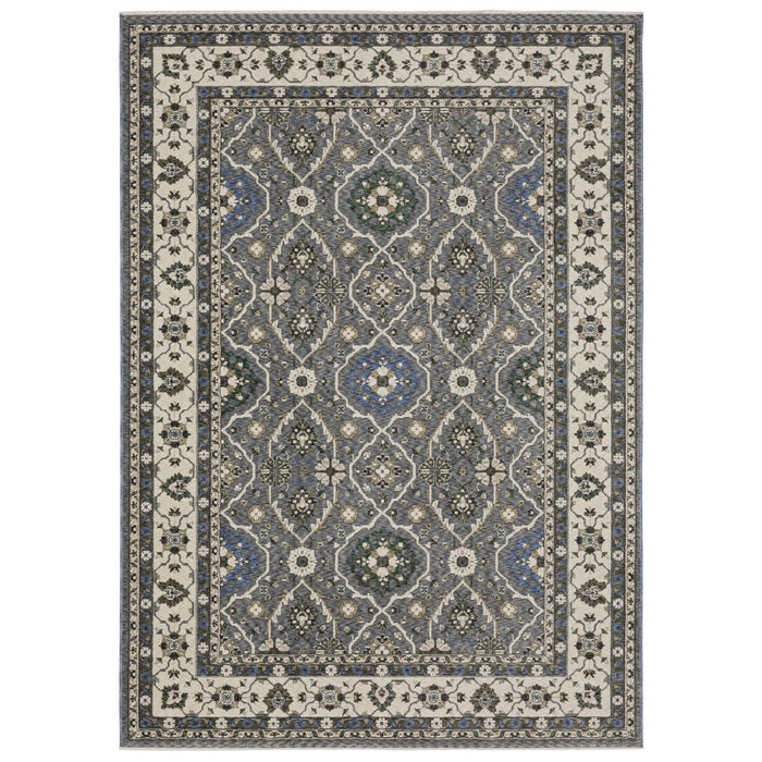 7' X 10' Oriental Area Rug With Fringe - Blue / Gray