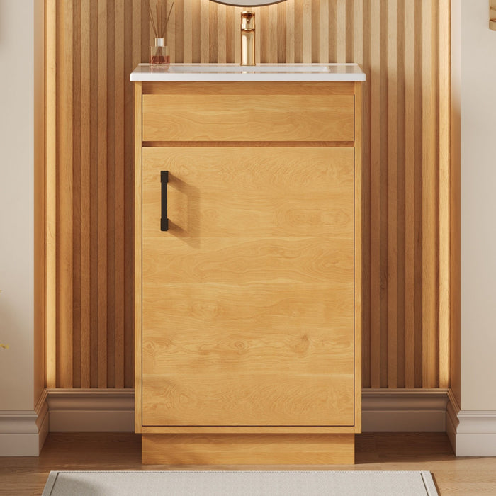 Giga bathroom vanity with sink, freestanding wooden cabinet, soft-closing door, and adjustable shelf in natural wood finish.