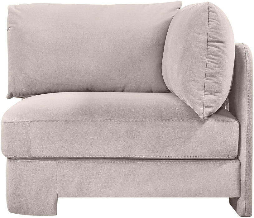 Velvet upholstered corner chair by Meridian Furniture, stationary design with plush fabric, modern living room seating.