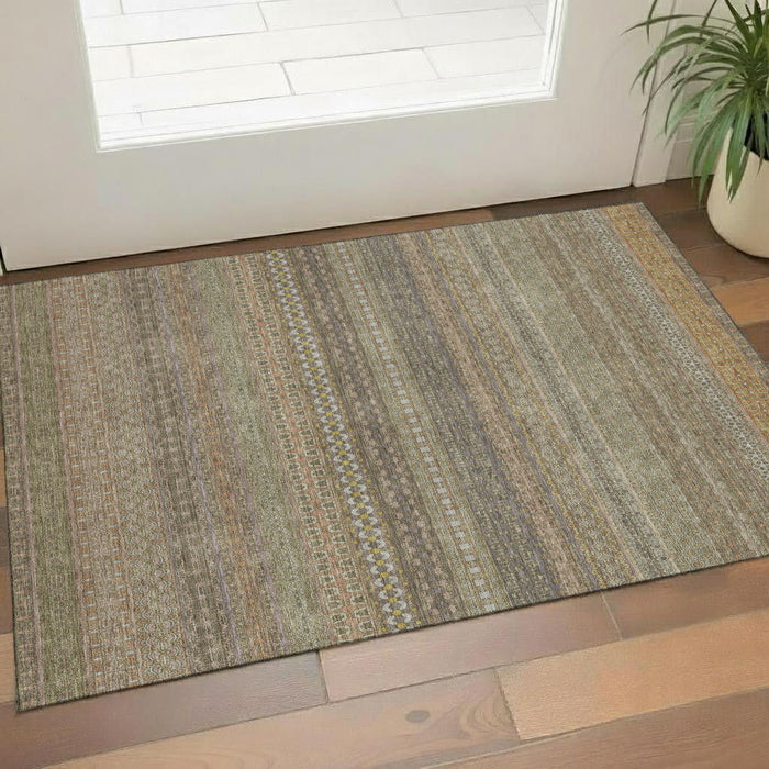 3' X 5' Striped Washable Area Rug With UV Protection (647513) - Khaki / Ivory