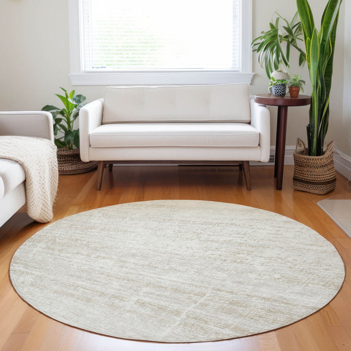8' Abstract Washable Round Rug With UV Protection - Ivory And Beige