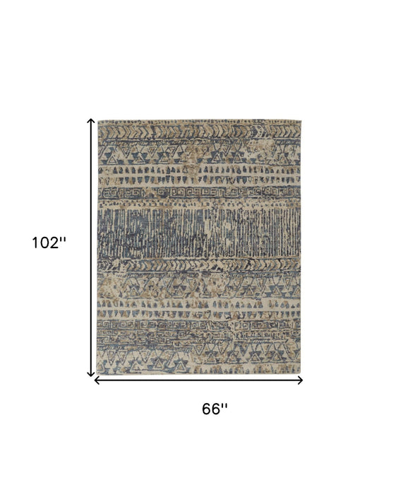 6' x 9' Wool Geometric Hand Knotted Area Rug - Gray And Blue