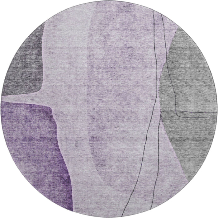 8' Abstract Washable Round Rug With UV Protection (656576) - Purple / Gray / Ivory