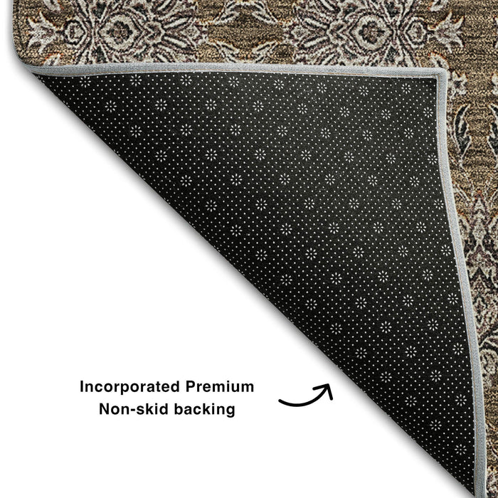 10' X 14' Floral Washable Area Rug With UV Protection (656813) - Chocolate / Gray / Charcoal