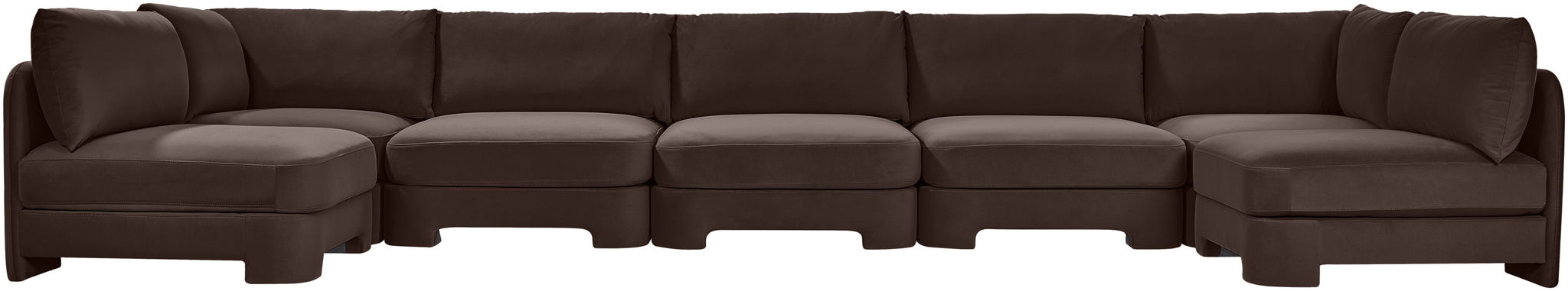 Meridian Furniture Hammond velvet performance fabric U-shaped sectional with armless design, seven-piece stationary living room sofa set.