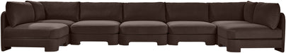Meridian Furniture Hammond velvet performance fabric U-shaped sectional with armless design, seven-piece stationary living room sofa set.