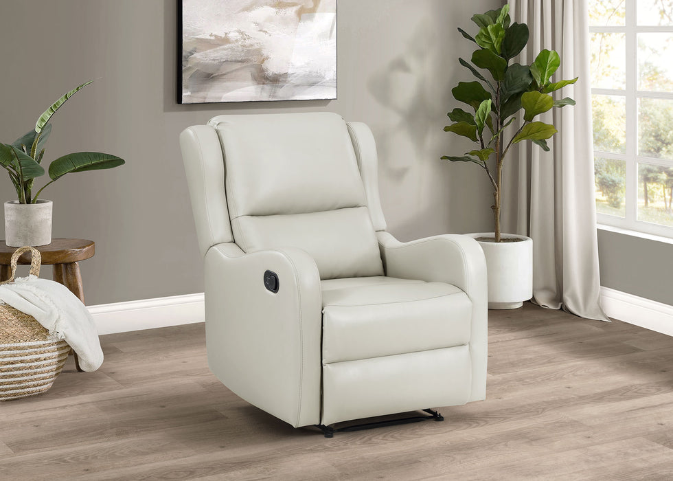 Ivory Kelsey upholstered English arm recliner chair with plush cushioning and wooden legs, designed for comfortable seating.