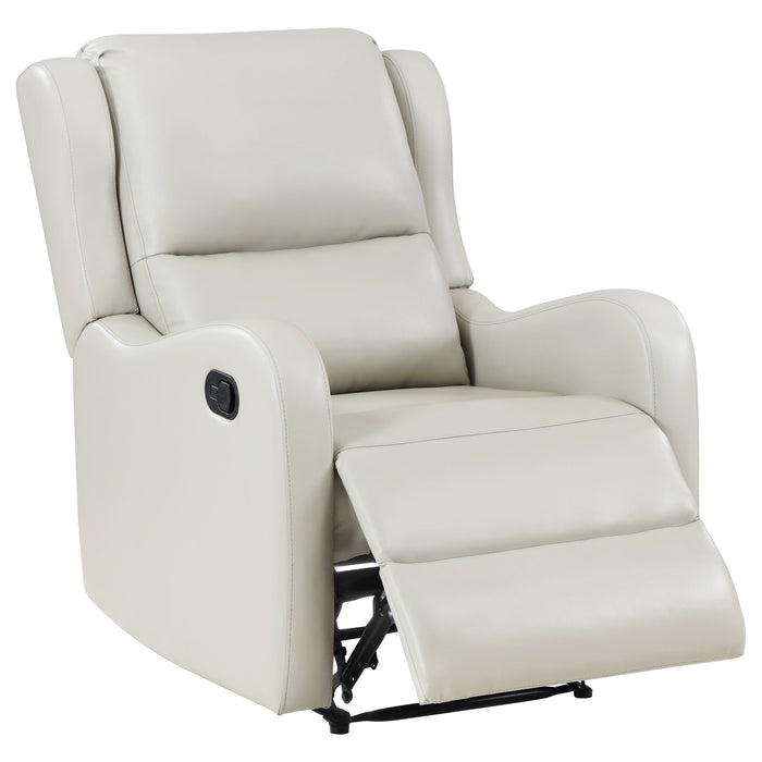 Ivory Kelsey upholstered English arm recliner chair with plush cushioning and wooden legs, designed for cozy living room seating.