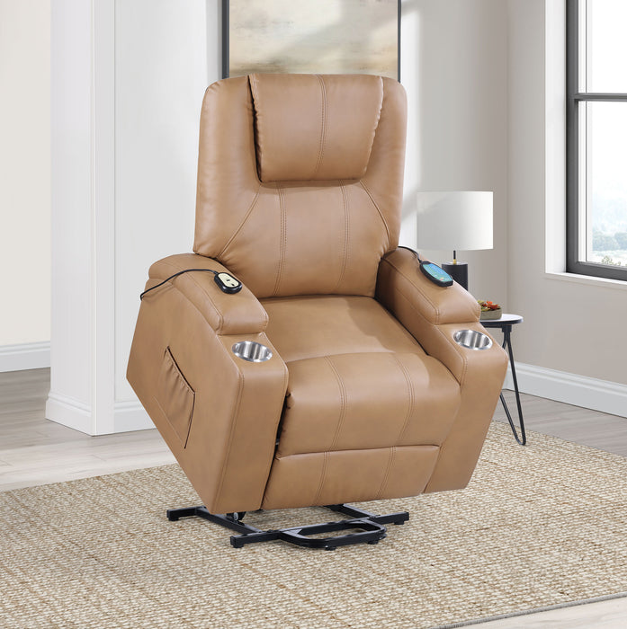 Armstrong camel faux leather power lift massage recliner with channel stitching by CoasterEveryday