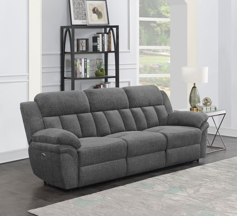 CoasterEssence Bahrain upholstered power sofa in charcoal fabric with plush seating and reclining controls