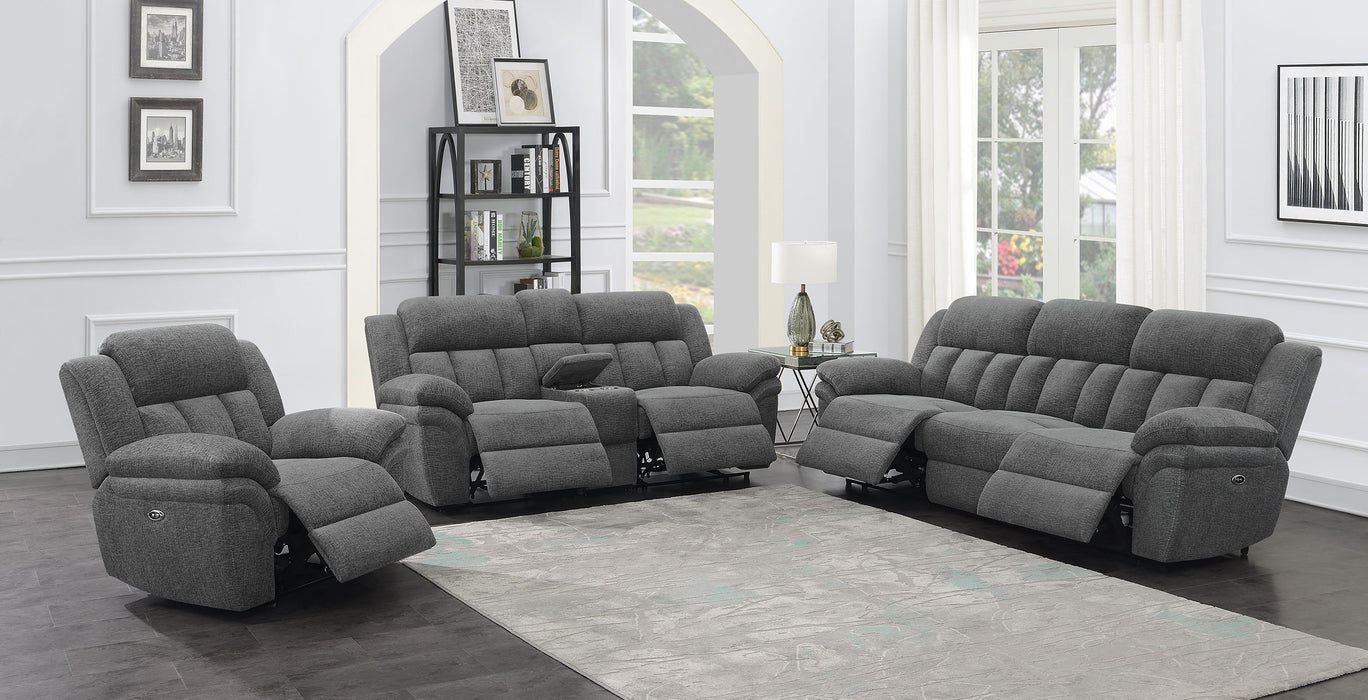 CoasterEssence Bahrain upholstered power sofa in charcoal fabric, featuring plush seating and reclining controls