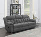 CoasterEssence Bahrain upholstered motion sofa in charcoal fabric with reclining seats