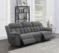 CoasterEssence Bahrain upholstered motion sofa in charcoal fabric with reclining seats