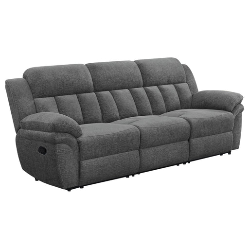 CoasterEssence Bahrain upholstered motion sofa in charcoal fabric with reclining seats