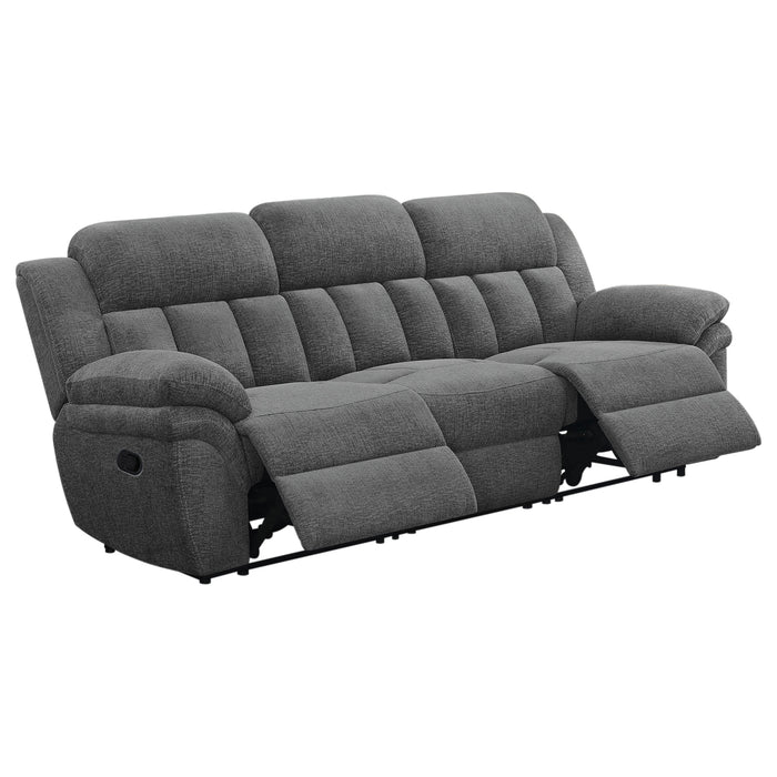 CoasterEssence Bahrain upholstered motion sofa in charcoal fabric, shown with reclining seats and padded armrests