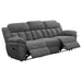 CoasterEssence Bahrain upholstered motion sofa in charcoal fabric, shown with reclining seats and padded armrests