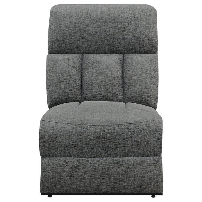 CoasterEssence Bahrain upholstered motion sofa in charcoal fabric, front three-quarter view