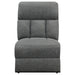 CoasterEssence Bahrain upholstered motion sofa in charcoal fabric, front three-quarter view